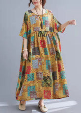Elegante vestido largo de algodón con cuello redondo y manga corta, con parches de color, tallas grandes, para verano